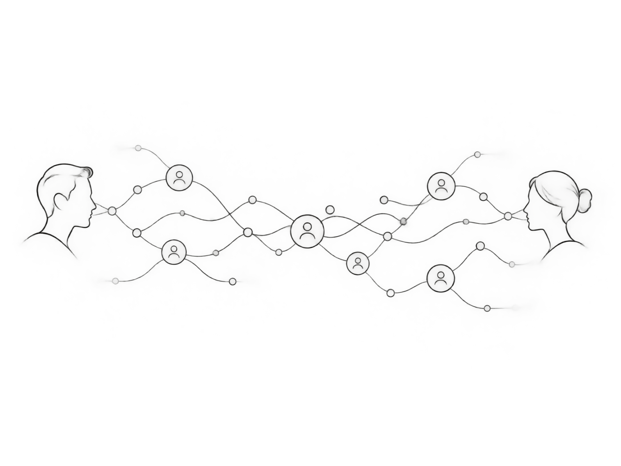 Minimal line drawing of two people equally contributing to a shared partnership ecosystem